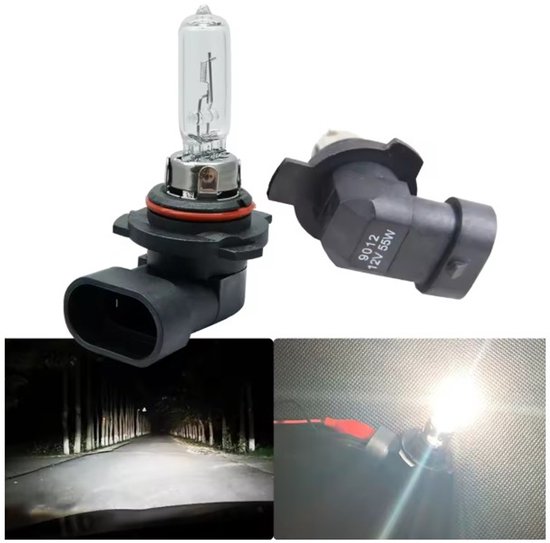 Twee halogeen autolampen en een opname van een weg die verlicht wordt door koplampen.