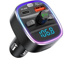 LENCENT Bluetooth 5.4 FM Transmitter, 48W Fast Charger Wireless Bluetooth FM Transmitter Adapter with 30W Type-C PD + QC3.0, 7 Colors Light for Music, Hands-free, Support USB & TF Card, Siri, Google
