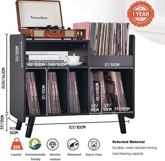 Platenspeler Tafel - Platenspeler Standaard - Vinyl Opbergkast voor 350+ Elpees - Retro Platenkast Mid-Century Modern - Vinyl Storage Meubel met Verstelbare Plank - Audiomeubel & Platenspeler Meubel - Platenhouder - Zwart — afbeelding 4