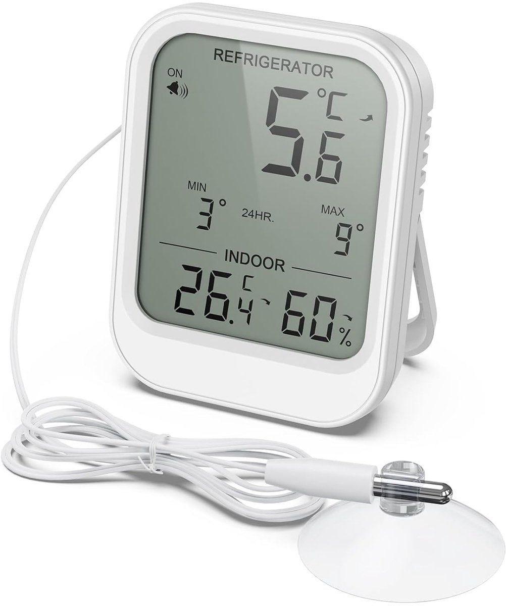 ORIA Koelkastthermometer met waterdichte sonde, digitale lcd-thermometer met zuignap, temperatuuralarm, min/max waarde, 3 montageopties, koelkast