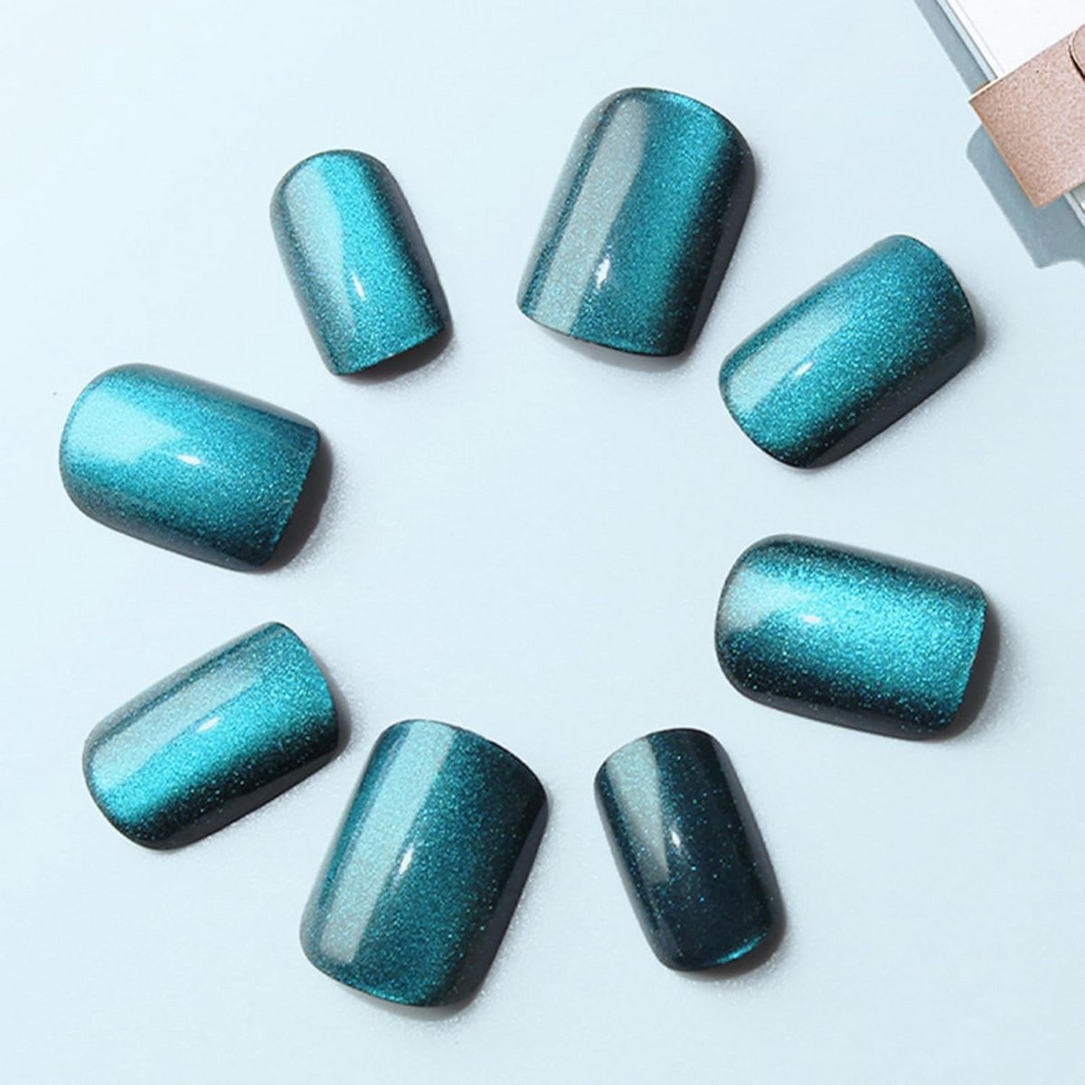 30 Pcs French False Nails Short Square, Blue Crystal Press-on Nails, Glitter Cat Eye Fake Nails with Glue Stickers, Cute Natural Acrylic Full Coverage Sticky Nails for — cadeau in Verzorging - foto 2