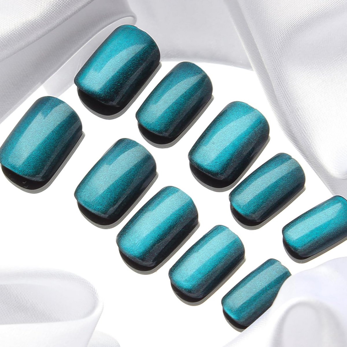 30 Pcs French False Nails Short Square, Blue Crystal Press-on Nails, Glitter Cat Eye Fake Nails with Glue Stickers, Cute Natural Acrylic Full Coverage Sticky Nails for — cadeau in Verzorging - foto 6
