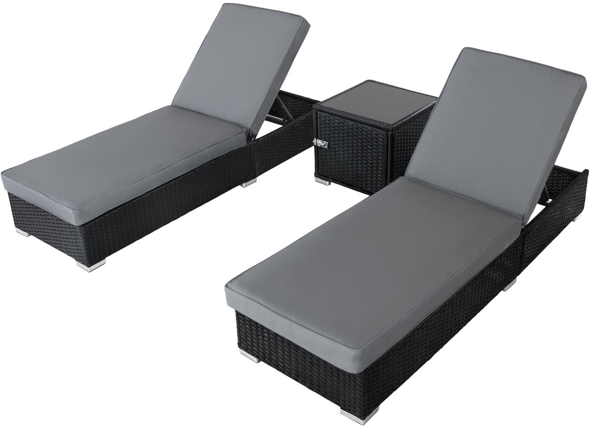Polyrattan ligbed set 3-delig – 2 verstelbare zwarte ligbedden & bijzettafel