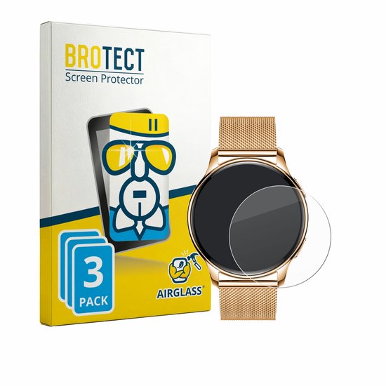 Verpakking met 3 BROTECT screenprotectors voor Siltcon Aurea SI151. Gouden smartwatch met mesh band.