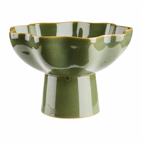 Plat Décoratif sur Pied Ø23 cm – Coupe à Fruits Verte – Plat de Service en Grès – Vert Pomme – Bord Ondulé – Plat de Présentation – Décoration de Table – Passe au Lave-Vaisselle