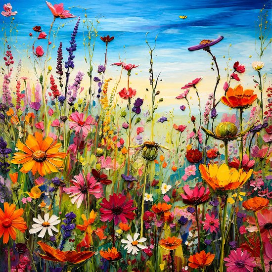 Levenslustig bloemenveld met veel kleurrijke bloemen en een blauwe lucht, in een impressionistische stijl.