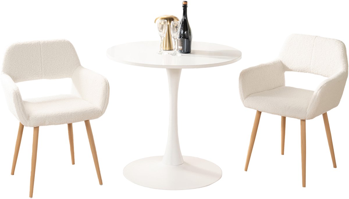 Eetkamerset - 3-delig Ronde tafel Stoelen met fauteuils - Crème