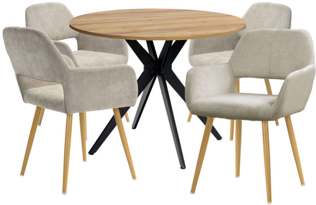 Eetkamerset - 5-delig Ronde tafel 100 cm met 4 fauteuils - Beige