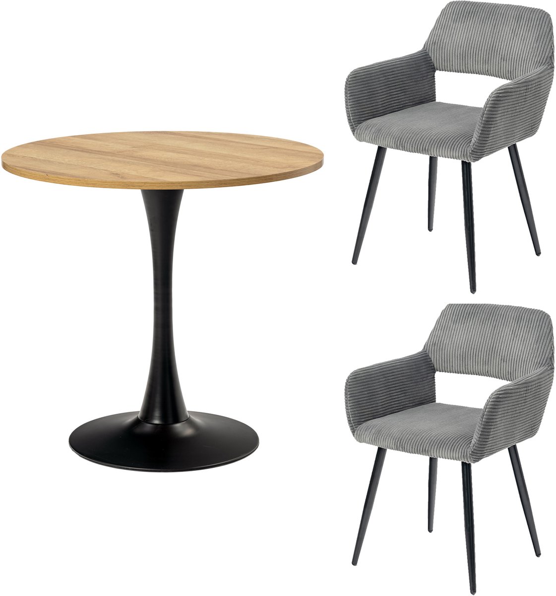 Eetkamerset - 3-delig Ronde tafel + 2 stoelen Gevoerd - Grijs