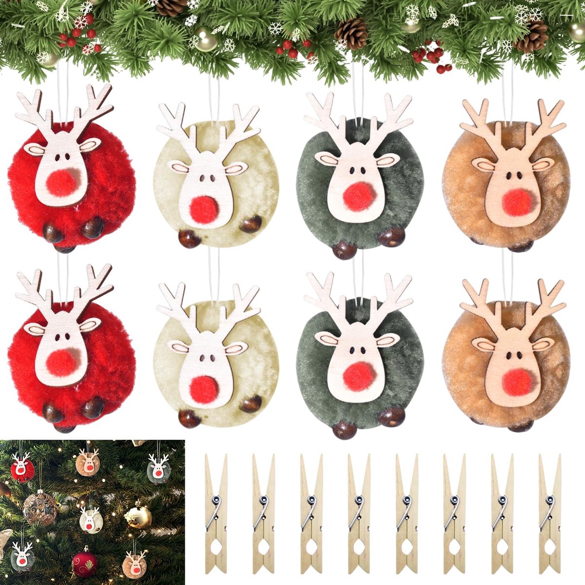 Dailygoods- Kersthangers Verpakking van 8 - Pluche/Houten Hangers - Vilten Hangers - Kerstboom Decoratie - Cadeaulabels - Schattige Eland Thema - Kerstdecoratie