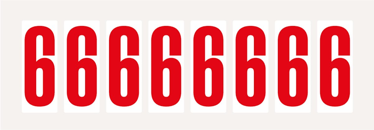 Cijfer stickers 0-9 - zelfklevende folie - 20 kaarten - rood wit teksthoogte 50 mm Cijfer 6