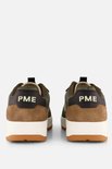 Achterkant van twee PME Legend sneakers in groen, bruin en zwart met "PME"-logo.