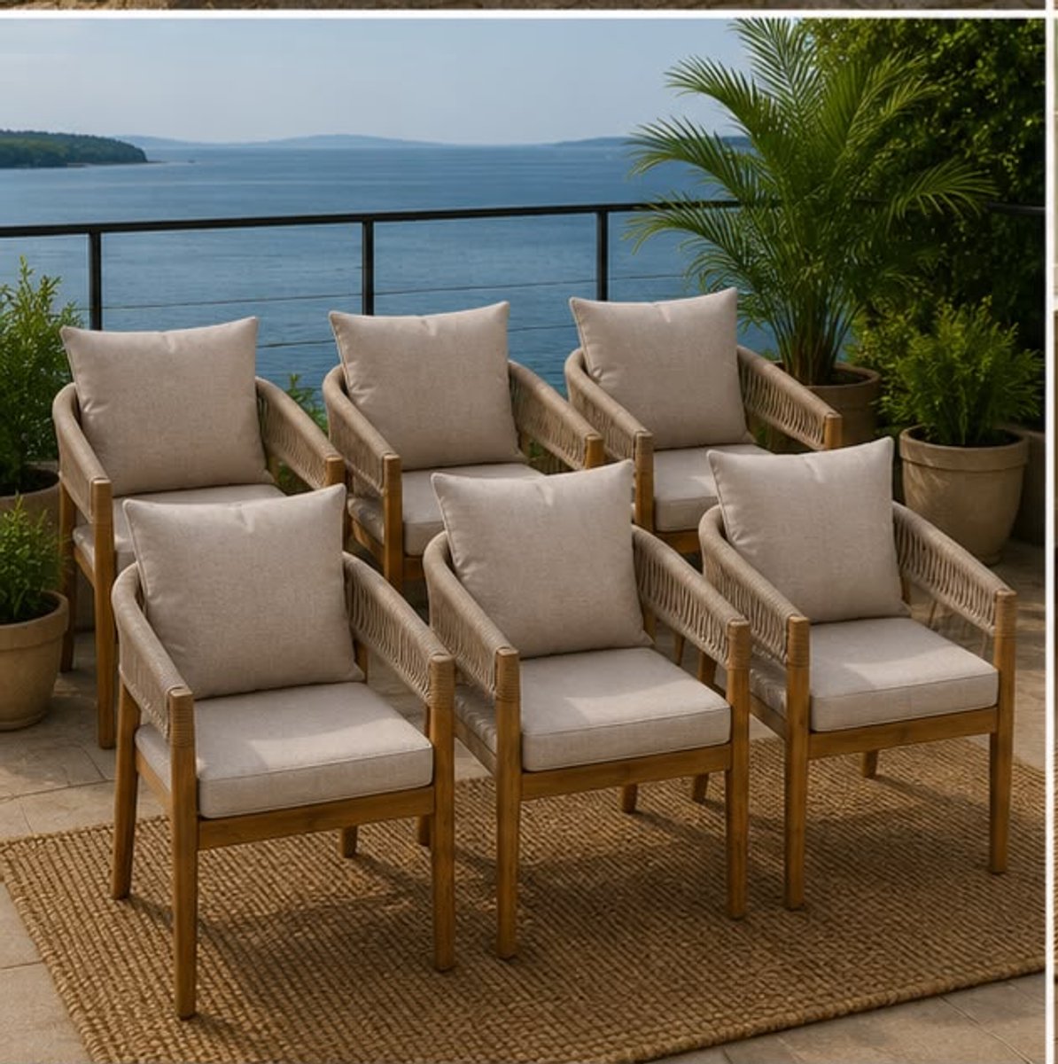 Tuinstoelen Set van 6 59x58x76,5 cm – Acaciahouten Balkonstoelen met Rope Design en Dikke Kussens – Weerbestendige Lounge Stoelen voor Tuin, Terras, Balkon, Eethoek en Serre – Greige – Mobili Bella – foto 2