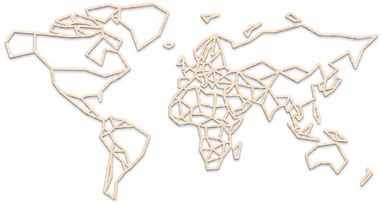 Carte du monde géométrique en bois clair, détaillée avec continents et îles.