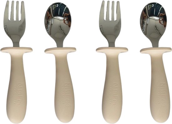 NilaFee™ Oscar - Bestekset - 4 delig - Lepel Vork - RVS - Siliconen - Kinderbestekset - Zilver - Milky