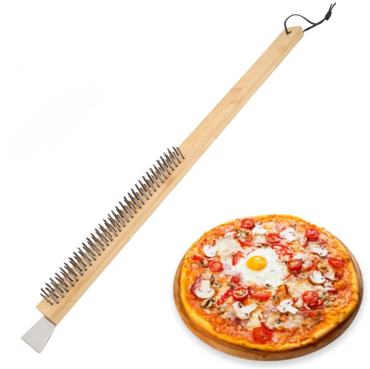 Dailygoods- Pizzaborstel met ophanggat - Koperdraad - Houten handvat - Schraper van roestvrij staal - Accessoires - Pizzastomer