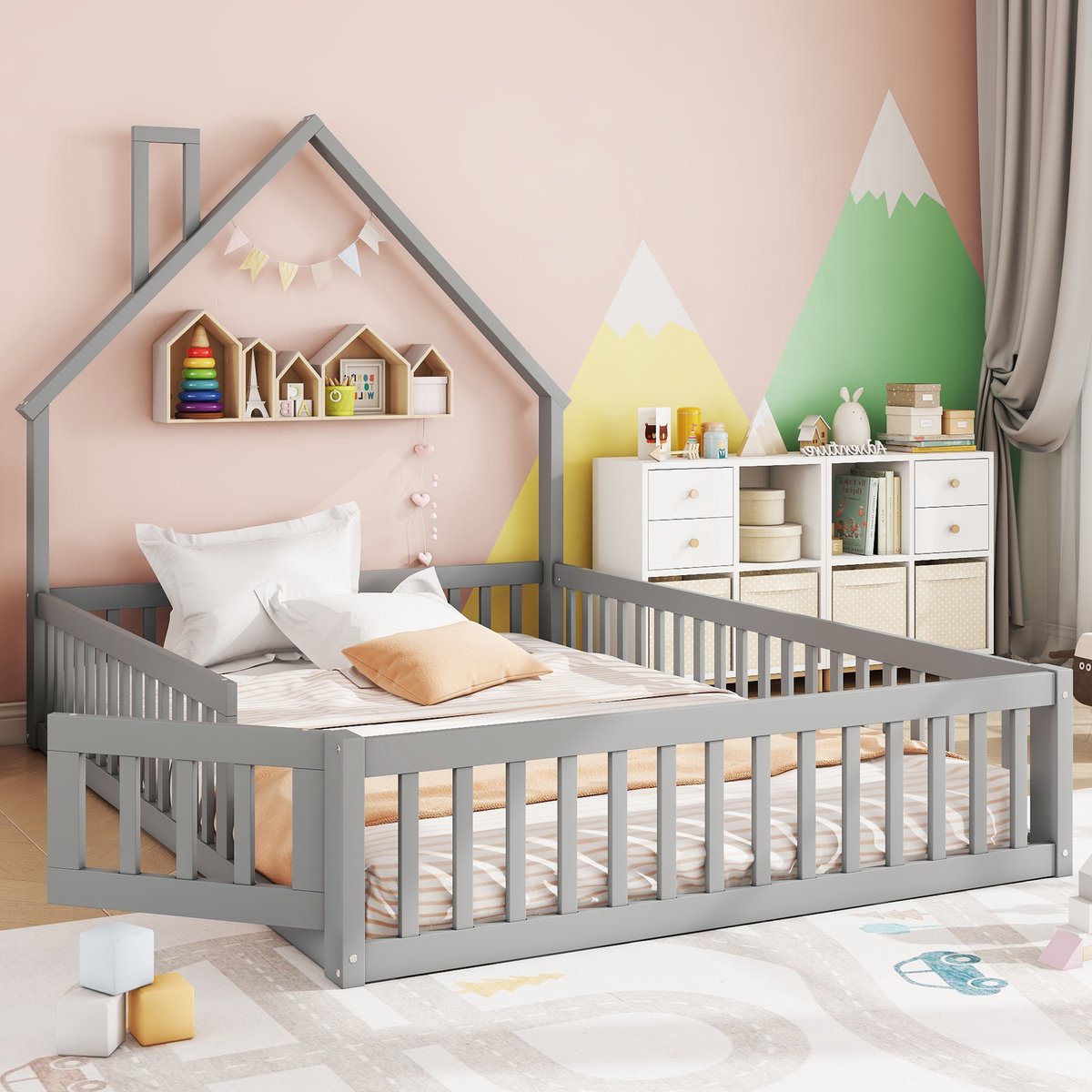 Montessori Huisbed met Veiligheidshek 140x200 cm – Houten Kinderbed met Schoorsteen – Grij