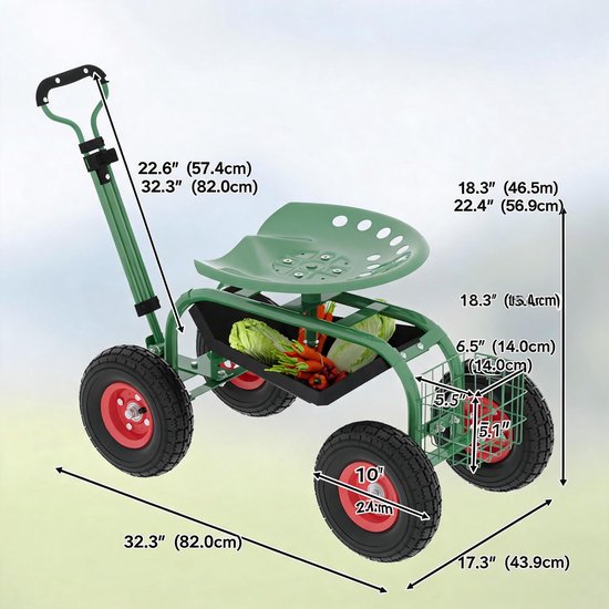 Zware tuinwagen met 360° draaibare zitting - verstelbaar handvat en opbergmand voor tuingereedschap — afbeelding 2