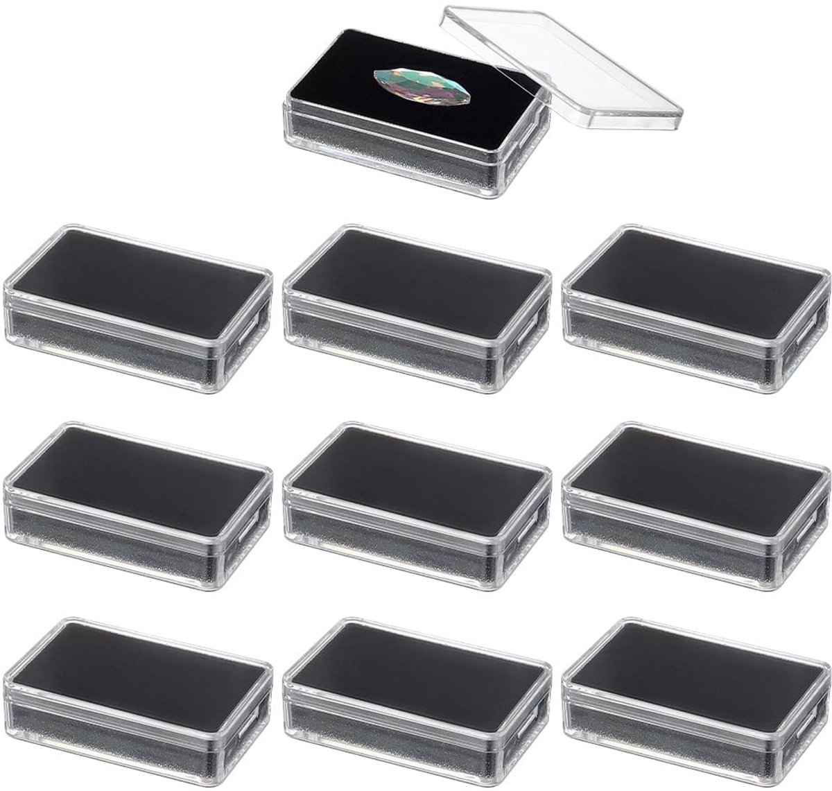 Dailygoods- Sieradendoos 12 stuks - Rechthoekige Plastic Dozen - Edelsteen/Accessoires Display - Zwart met Spons - 5,7x3,7x1,5 cm - Duurzaam Materiaal - Opbergdozen