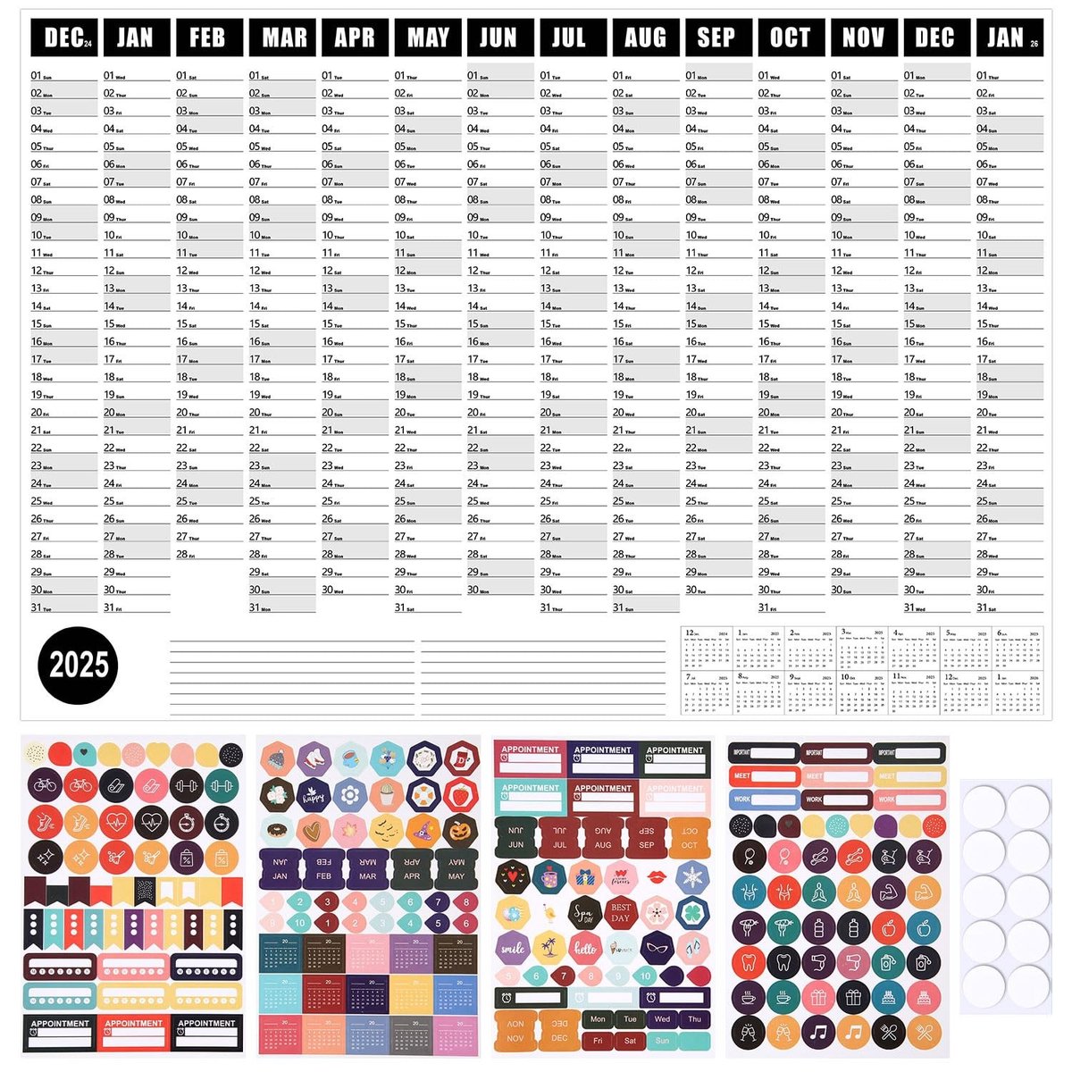 Dailygoods- Jaarkalender 2025 Grote Wandkalender - Kleurrijk Papier - 74,2x52,5cm - Volledige Jaarkalender - Eén Pagina - Ronde Stokjes