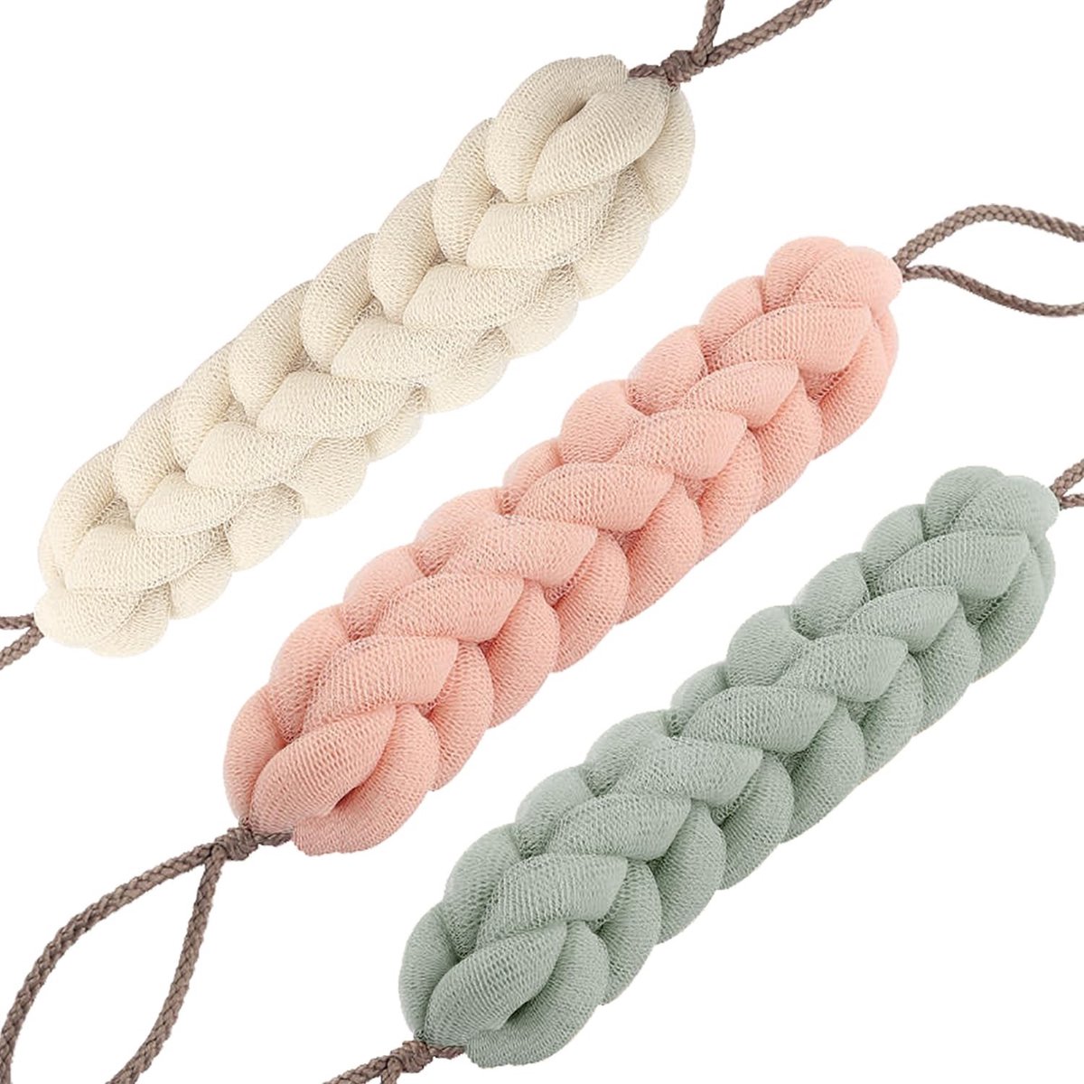 Dailygoods- Douchespons 3 stuks - Badkluwen - Rugschrobber - Peeling - Massage - Dubbele koordlus voor ophangen - Badspons