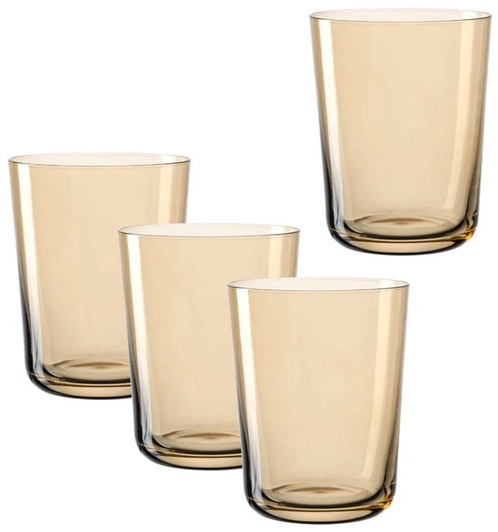 Ensemble de quatre verres hauts ambrés avec fond arrondi.