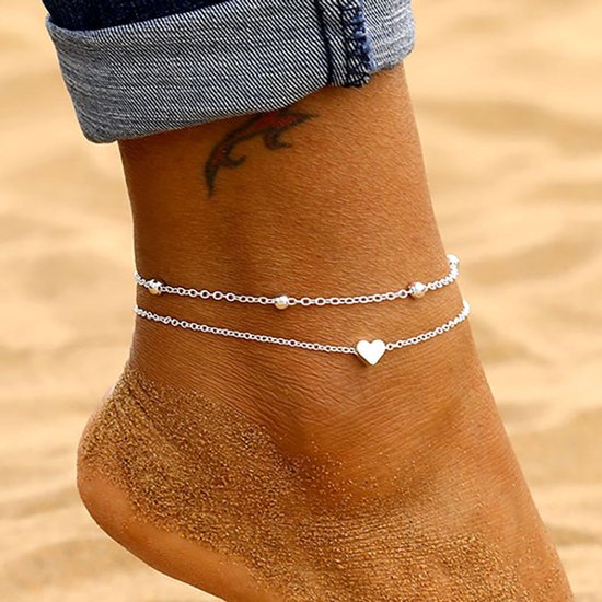 Zilveren enkelbandjes voor dames, verstelbaar, met vlinder- en hartjesmotief, gelaagde enkelbandjes voor dames, dubbellaags enkelbandjes voor op het strand, enkelbandjes als cadeau voor vrouwen en tienermeisjes.