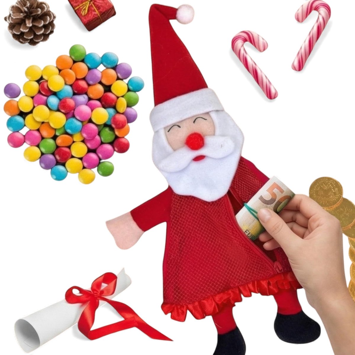 Dailygoods- Geldgeschenkverpakking Kerstman - Rugzak met ritssluiting - 36 cm hoog - 22 cm breed - Ideaal voor bankbiljetten - Praktisch netvak 15x16 cm - Cadeauzak