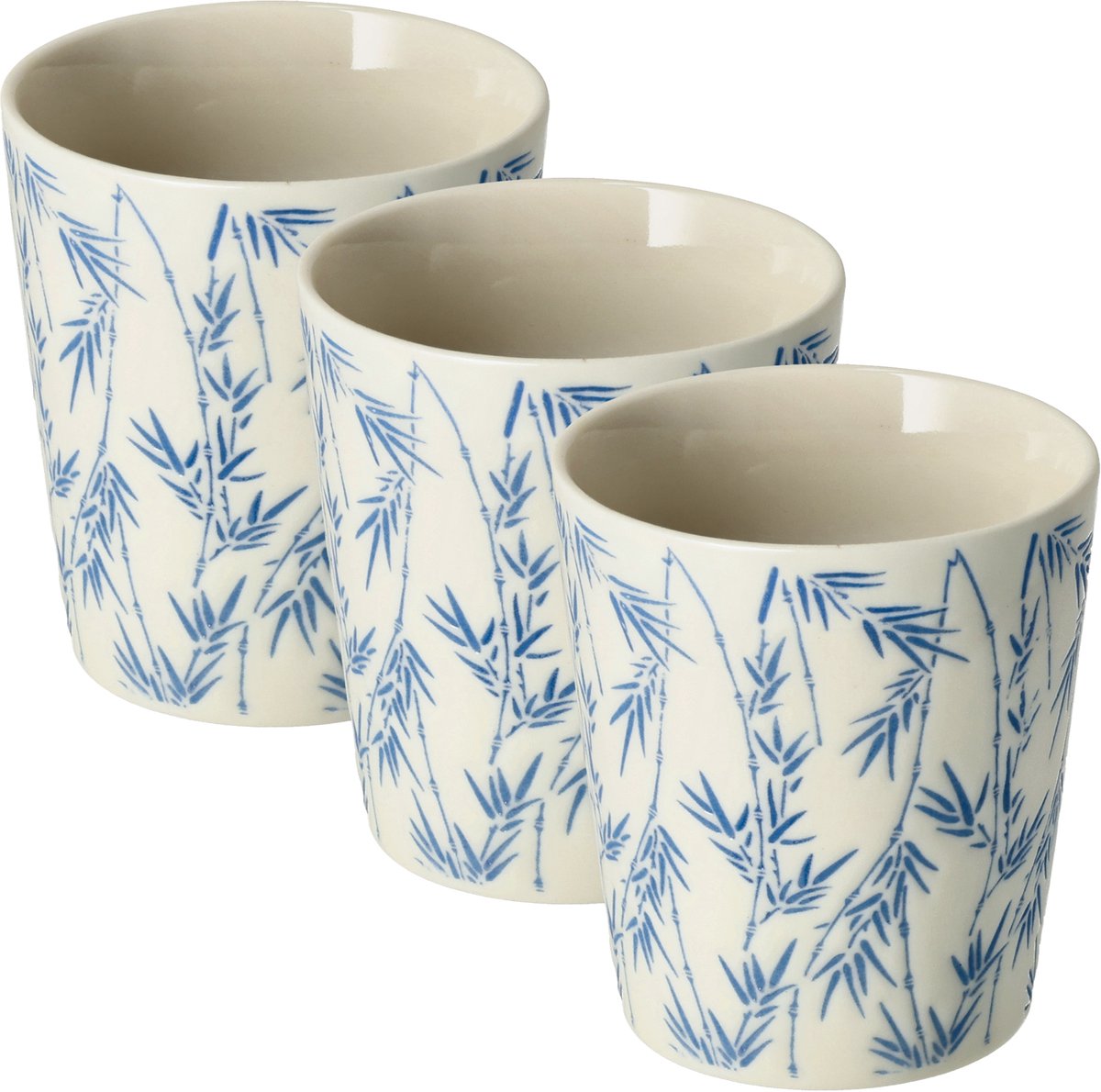 Koffiekopjes Set van 3 – Espresso Kopjes 200 ml Zonder Oor – Blauw Wit Keramische Koffiemokken - Bamboe Patroon Cappuccino Bekers en Theekopjes