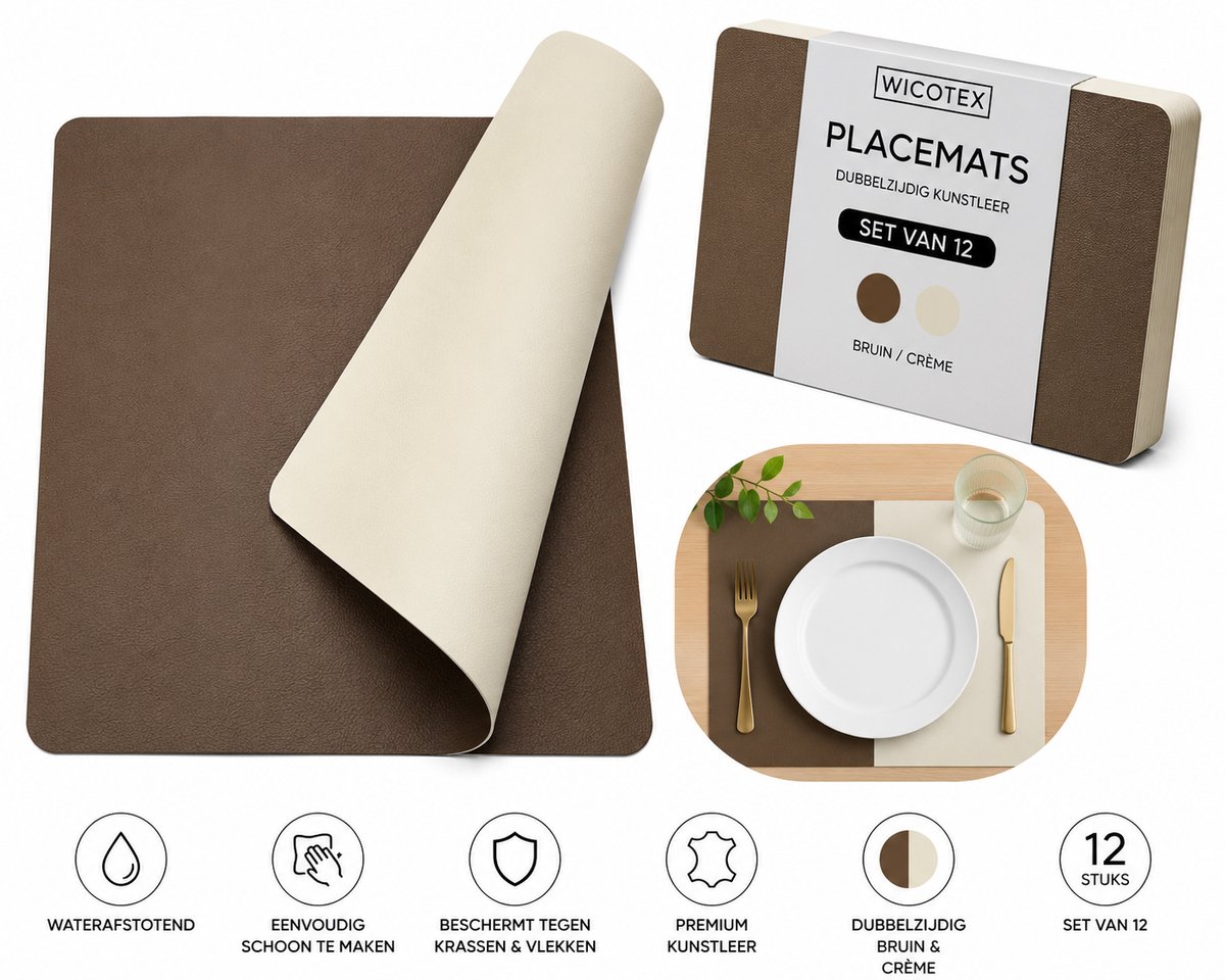 Wicotex - Placemats - Placemat Kunstleer Mokka - Wit Moon - Dubbelzijdig 12 stuks