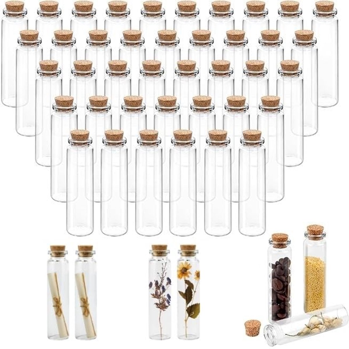Dailygoods- Glazen Flesjes Set van 40 - Mini Flesjes met Kurk - DIY Decoratie - Opslagaccessoires - Borosilicaatglas - 20 ml, 6 x 2.2 cm