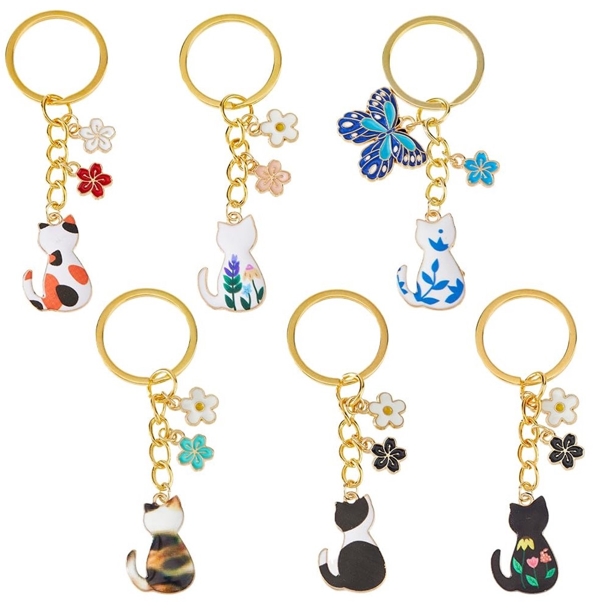 Dailygoods- Sleutelhanger Schattige Kat - 6 Stuks - Bloemen Design - Emaille - Accessoires - Creatieve Ambachten - Persoonlijke Stijl