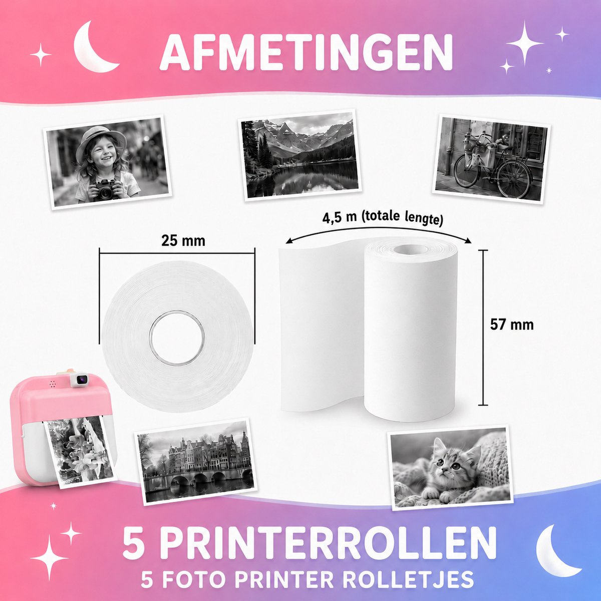 Luumuu® Thermische Printrollen Set Van 5 - Navulling Voor Digitale Kindercamera Met Foto Printer - Papierrollen - Printpapier - Goed voor 350 Foto's - Wit - BPA-Vrij - Incl. Stickervel — afbeelding 4
