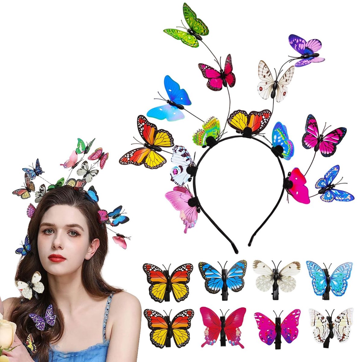 Dailygoods- Vlinderhoofdband kleurrijk - Vlinderhaarclips 8 stuks - Haaraccessoires vrouwen - Haaraccessoires meisjes - Festivalaccessoires - Hoogwaardig materiaal