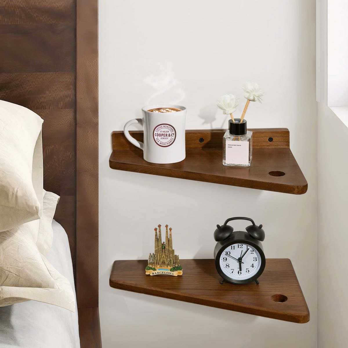Dailygoods- Nachtkastje Klein - Nachtkastje Hout - Nachtkastjes Set van 2 - Wandplank Zwevend - Organizer met Kabeldoorvoer - Trapeziumvormig Ontwerp