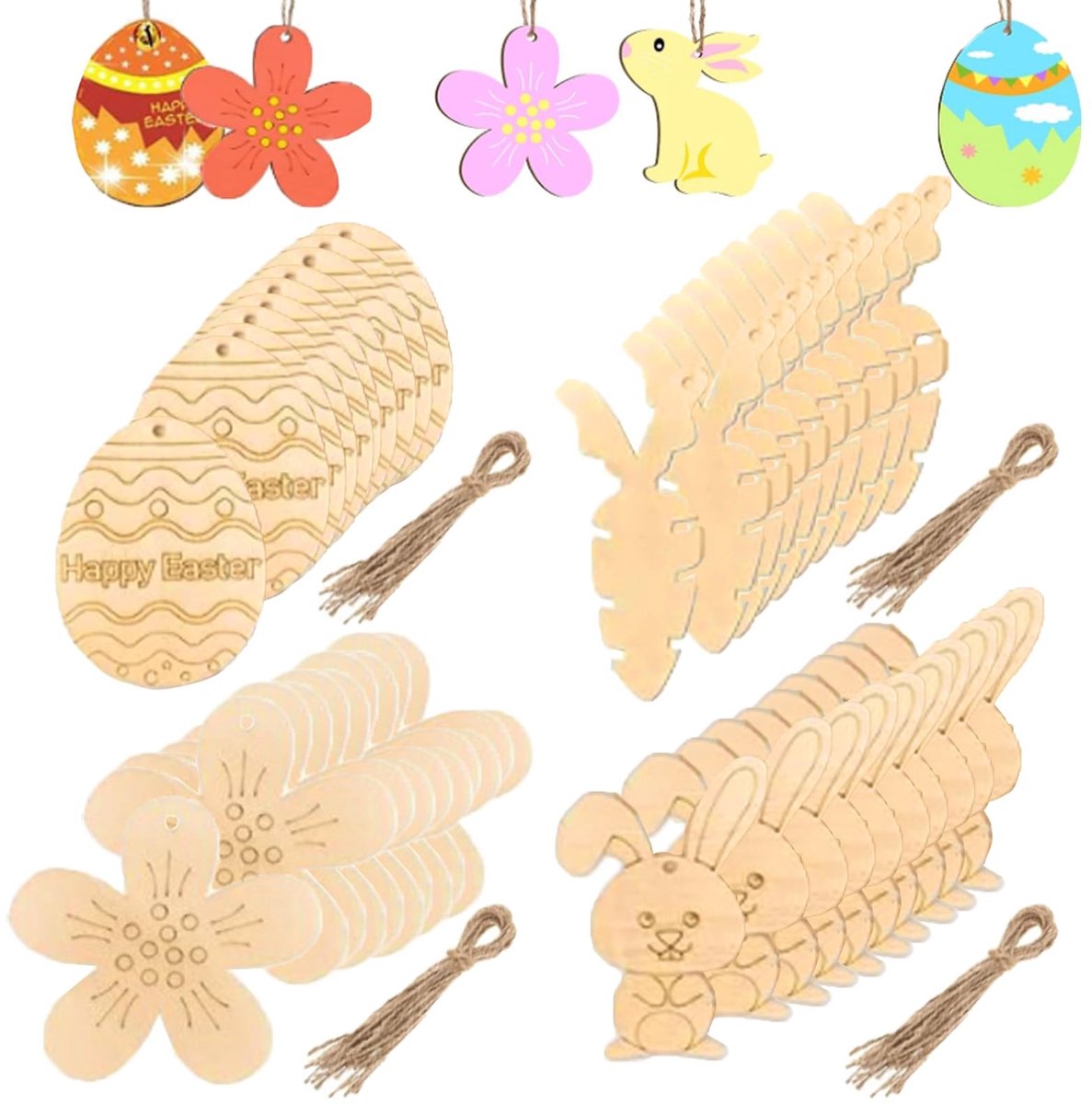 Dailygoods- Paasdecoratie Houten 40 Stuks - Paasdecoratie Hangend - Paasdecoratie Doe-het-zelf - Creativiteit Stimuleren - Jute Touw - Ideaal voor Kinderen - Paasknutsels