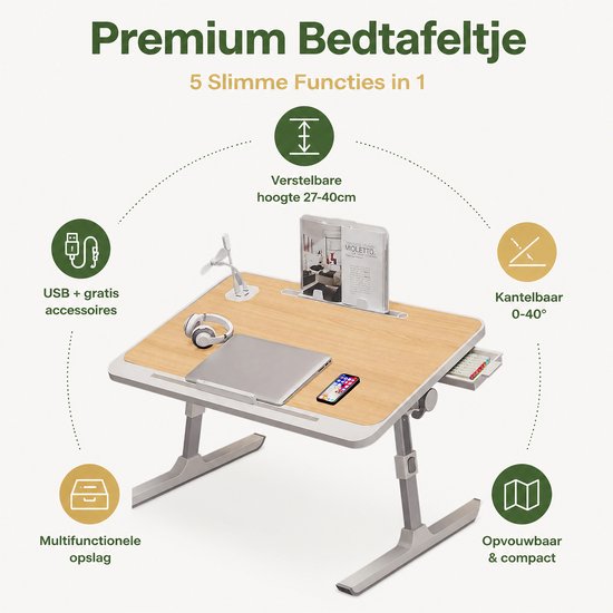 Premium bedtafel: 5 slimme functies in 1. Verstelbare hoogte (27-40cm), kantelbaar (0-40°), opvouwbaar, compact en multifunctionele opslag.