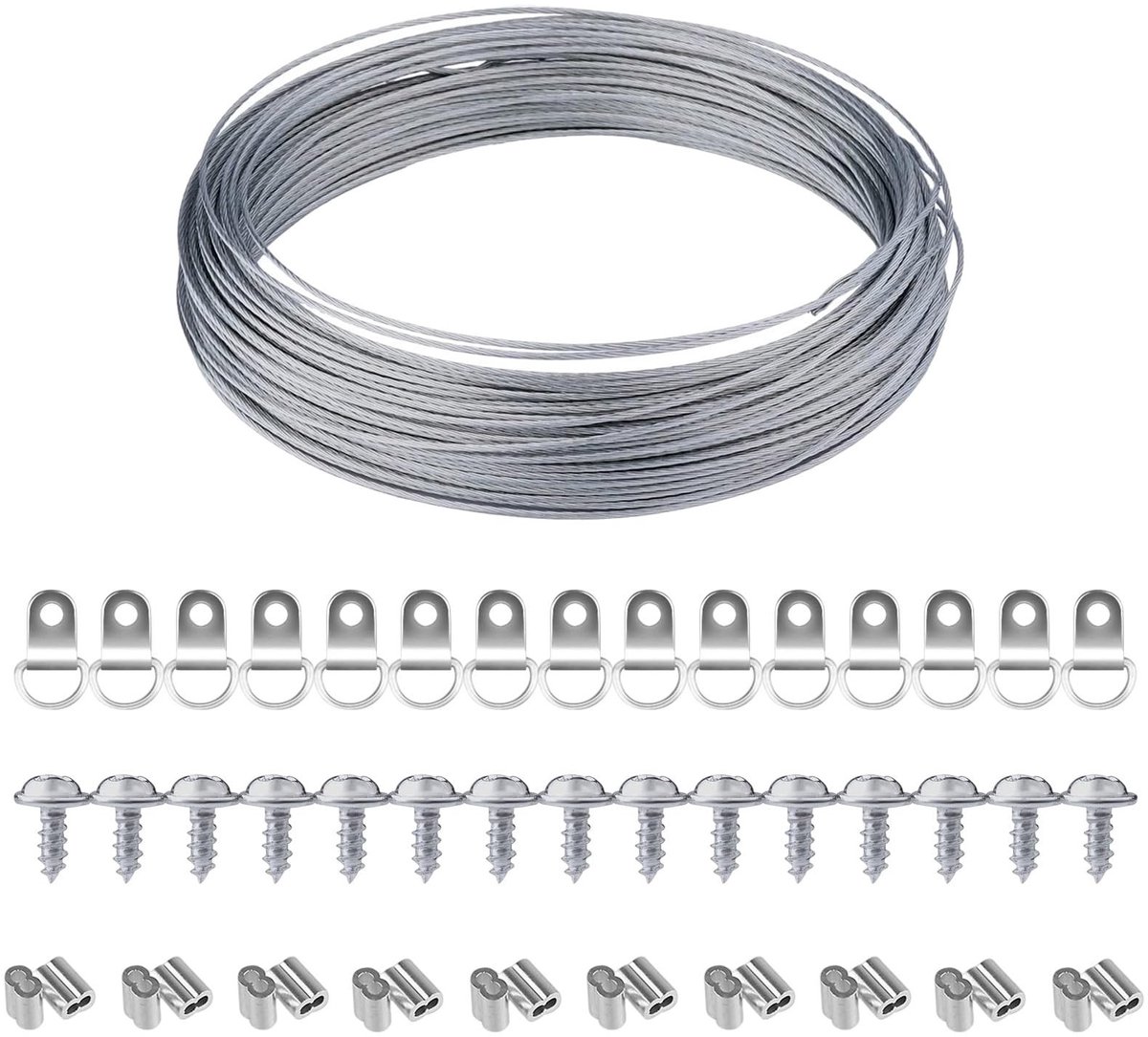 Dailygoods- Foto Ophangset - D-ring Haken - Aluminium Verbindingsbuizen - Hangdraad 10m - 51 Stuks - Stevig en Duurzaam - Foto Ophangmateriaal
