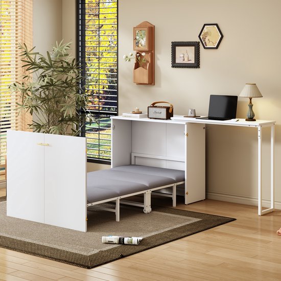 MODENUIT Opklapbed 90x200 cm – Draaibaar Bureau – Verrijdbaar Kastbed – Ruimtebesparend – Metaal en Hout – Met matras – Wit