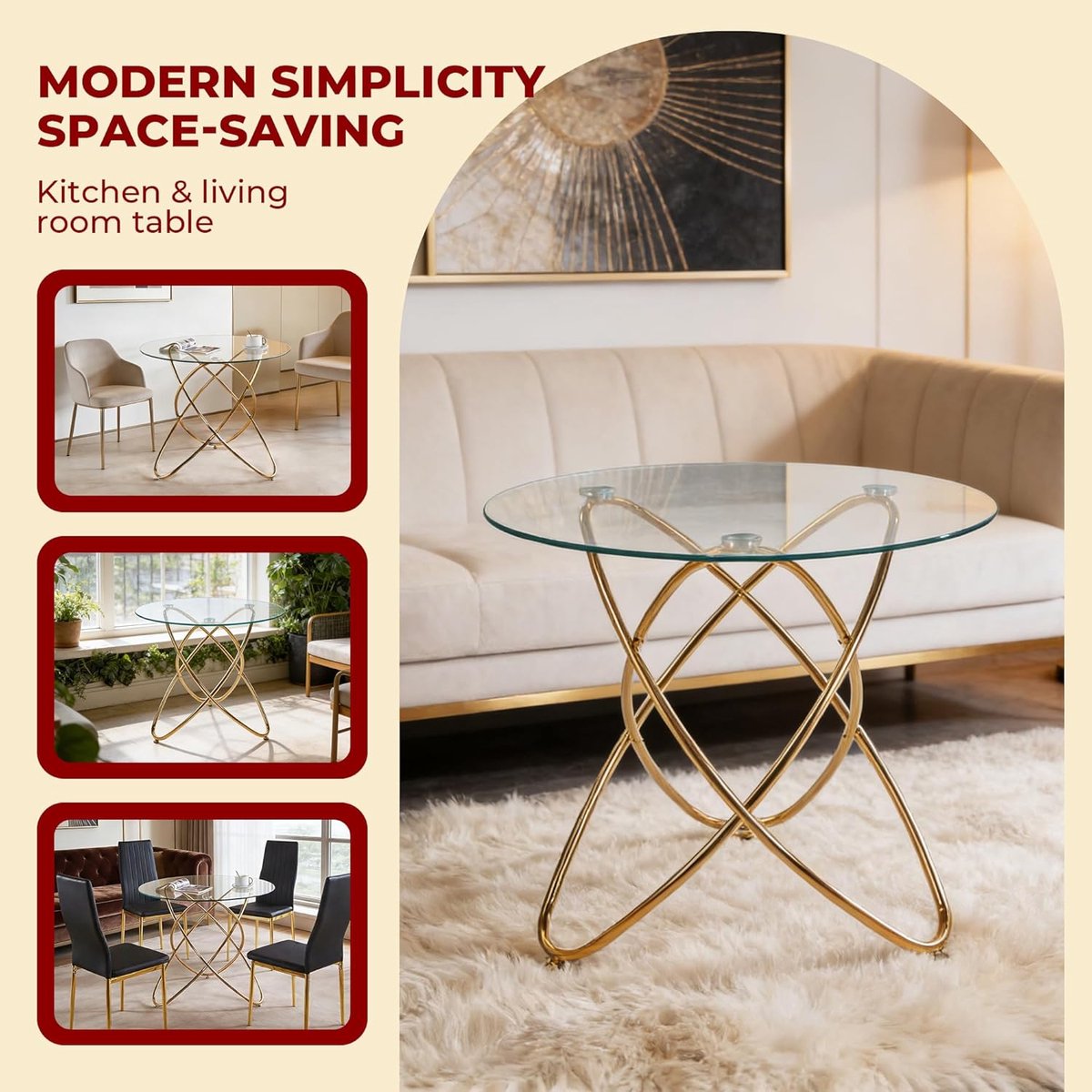 Crystal Luxe Ronde Glazen Eettafel 80 cm – Gouden Design Keukentafel met Gehard Glas en Metalen Poten, Ruimtebesparende Tafel voor 2-4 Personen, 80 x 80 x 75 cm