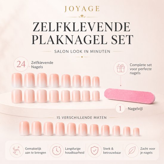 Set van 24 JOYAGE zelfklevende kunstnagels in 15 maten, met een roze basis en witte uiteinden. Inclusief roze nagelvijl.
