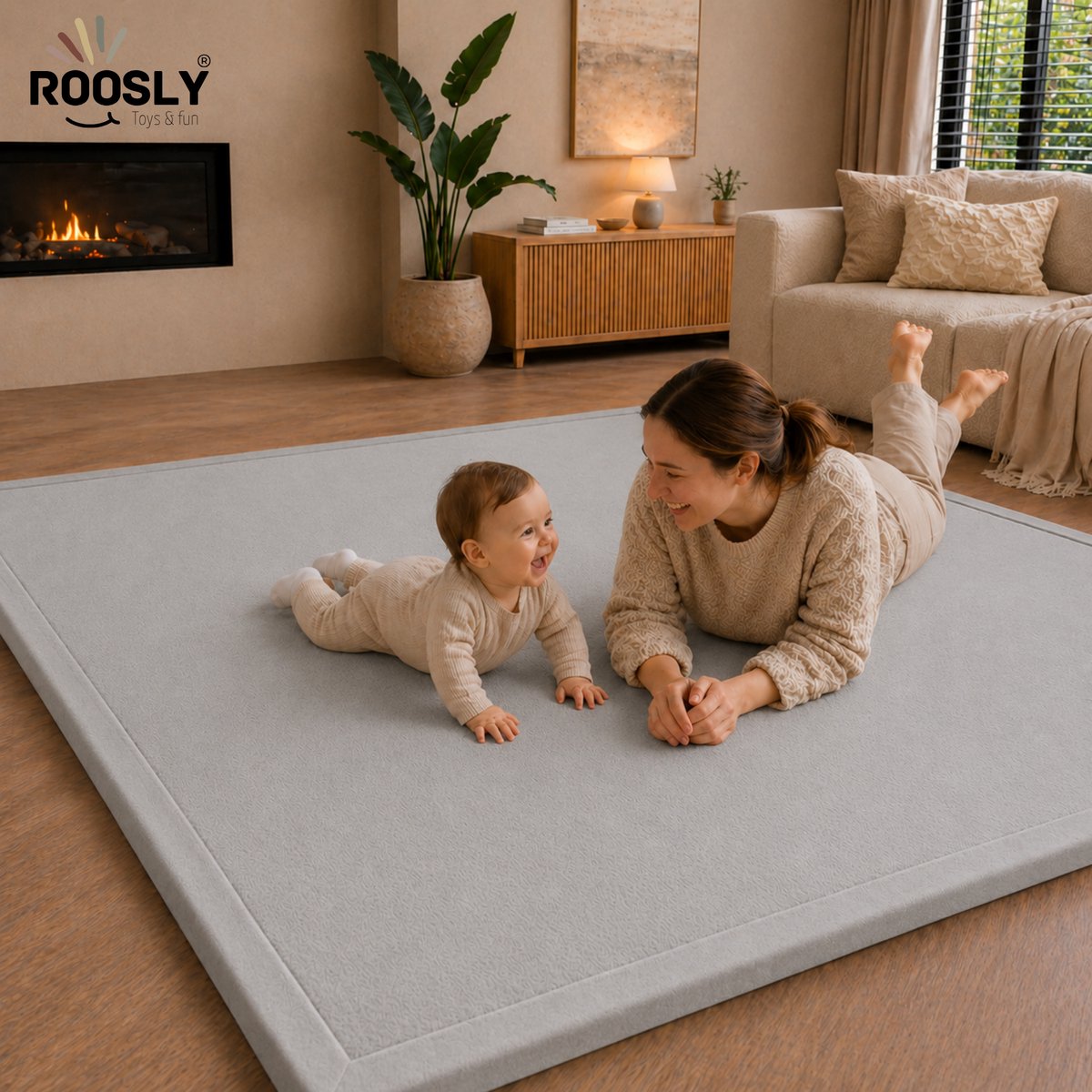 Roosly Speelmat Baby - Fluwelen Speelkleed baby - speeltapijt - kruipmat - playmat - Extra Dik Traagschuim 3 cm - Antislip - Zacht & Veilig - 150 x 200 cm - Mist Grey – foto 4