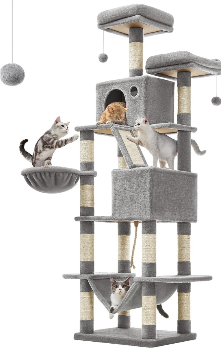 SNJY® Krabpaal Voor Grote Katten - Krabton - Kattenboom - Kattenhuis - Kattenmand - 50L x 60B x 206H cm - Lichtgrijs