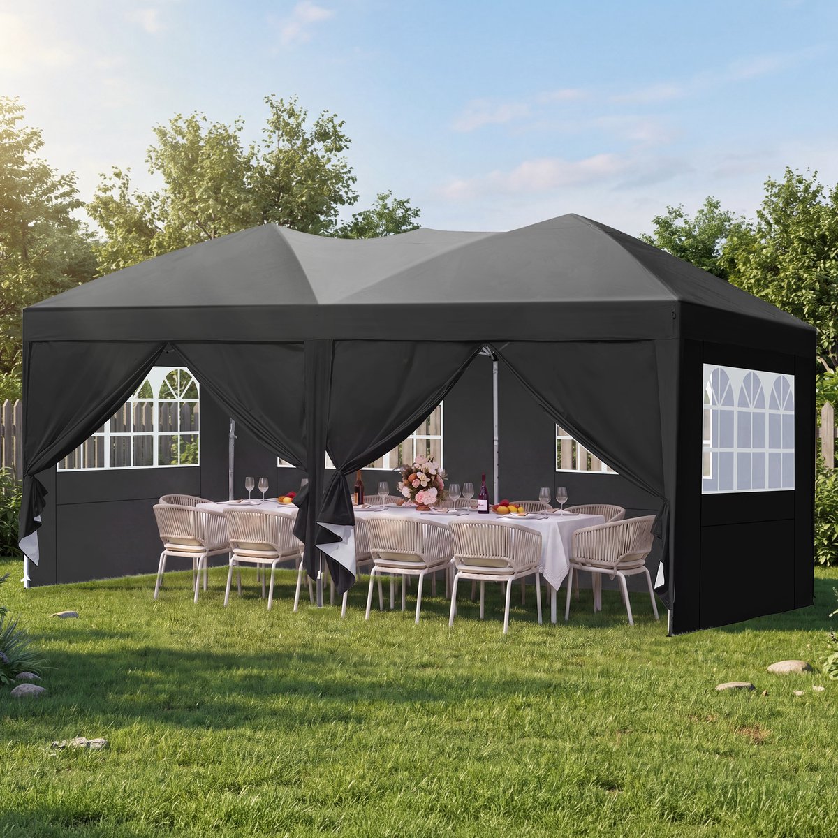 Quictent Vouwbare Partytent 3x6m – met 6 zijwanden, UV 50+, in hoogte verstelbaar – Zwart