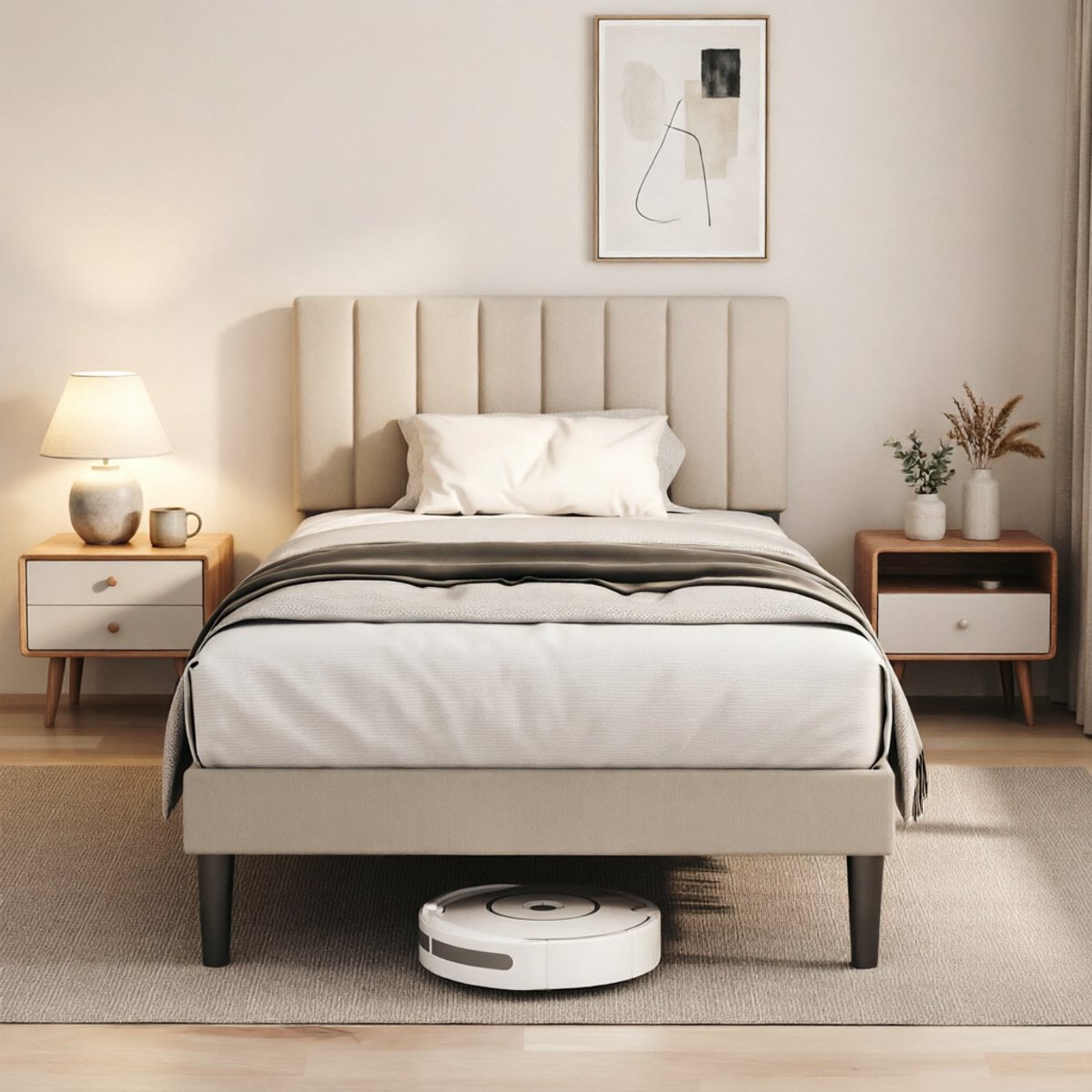 KUTAS Gestoffeerd Eenpersoonsbed 90x200 cm - Verticale Strepen Stijl - Metalen Bedframe - Grote Opbergruimte - Inclusief Lattenbodem - Robuuste Constructie - 260 kg Draagkracht - Zonder Matras - Grijs Grijs-wit