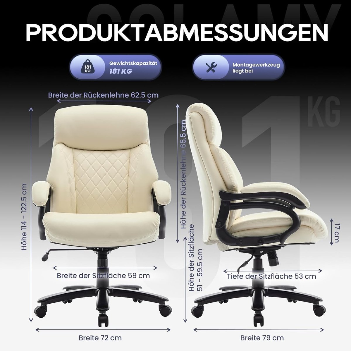 Bureaustoel XXL – House&Garden Premium Directiestoel 181 kg – Ergonomische Hoge Rugleuning met Verstelbare Armleuningen – Extra Brede 59 cm Zitting – PU Leder Chefsessel voor Home Office & Kantoor – Beige