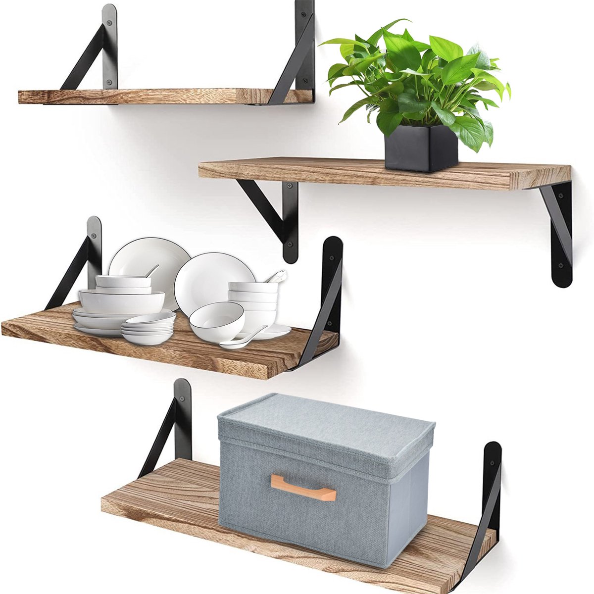 Wishdor Wandplanken Set van 4 - Zwevende Muurplanken Industrieel - Paulownia Hout met Metalen Beugels - Voor Woonkamer & Keuken Houtkleur