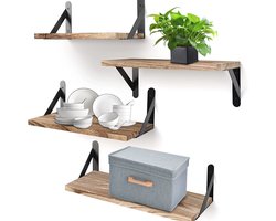 Wishdor Wandplanken Set van 4 - Zwevende Muurplanken Industrieel - Paulownia Hout met Metalen Beugels - Voor Woonkamer & Keuken