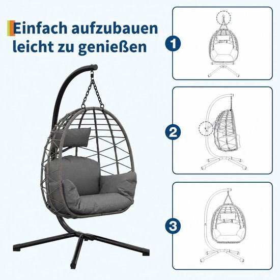 Stapsgewijze montage-instructies voor de grijze hangstoel met standaard.
