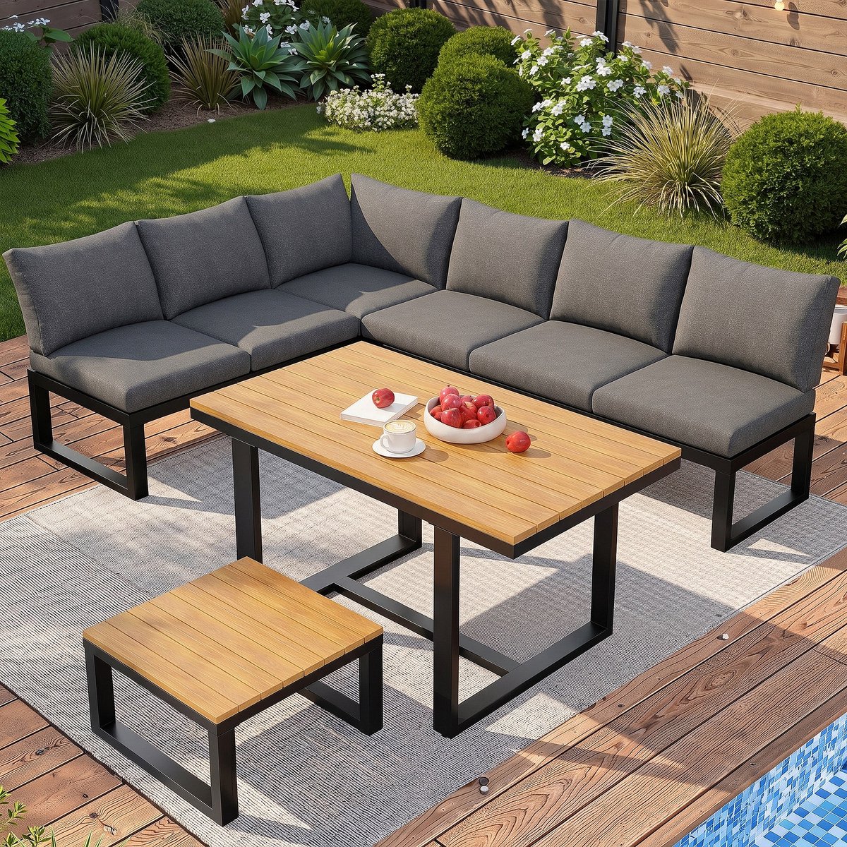 Sweiko Tuin loungeset - Hoekbank - Inclusief eettafel - Bijzettafel - Met kussens - Verstelbare rugleuning - Stalen frame - Grijs